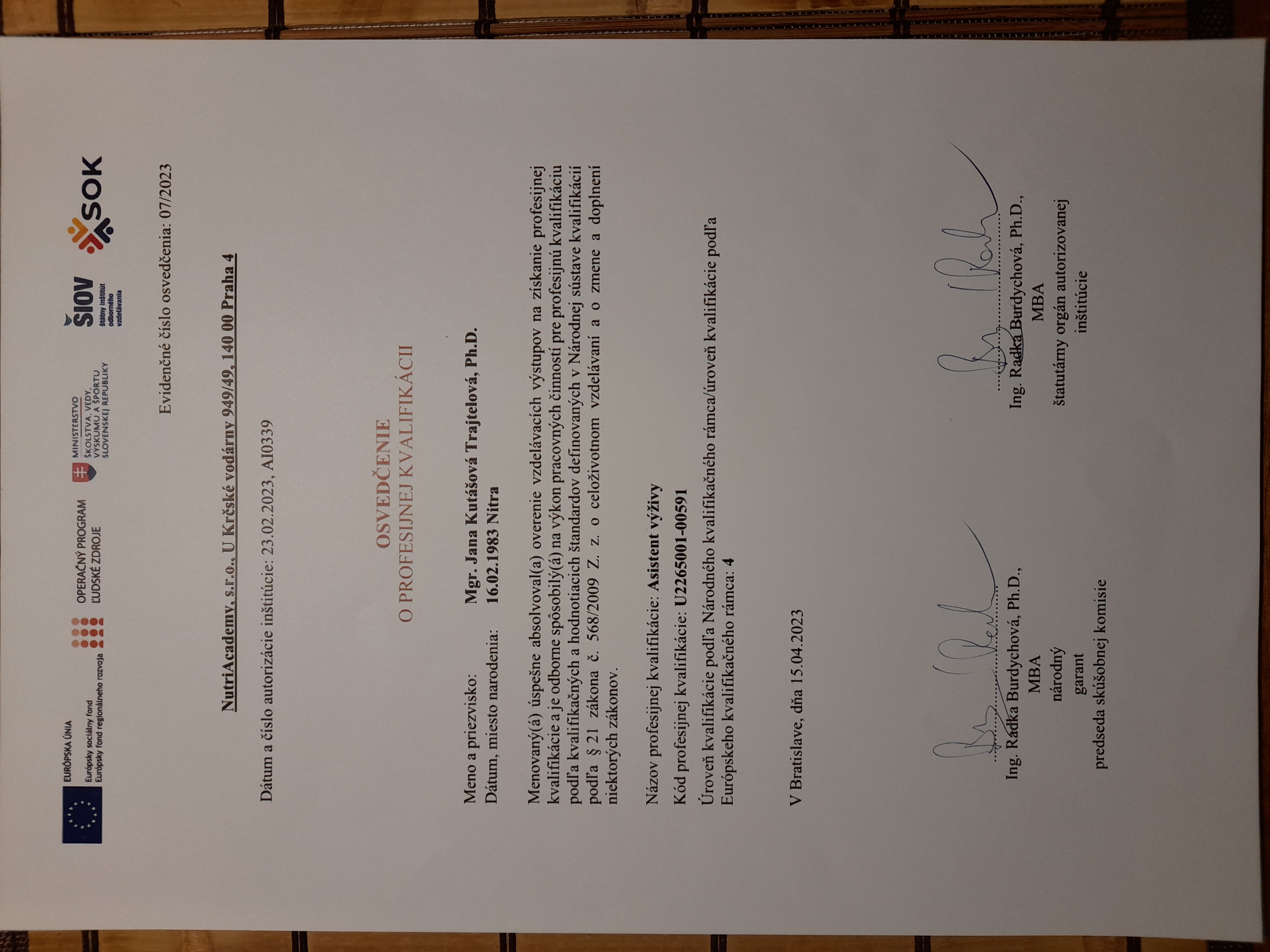 Náhľad dokumentu - Osvedčenie o profesijnej kvalifikácii Asistent výživy - Jana Kutášová Trajtelová